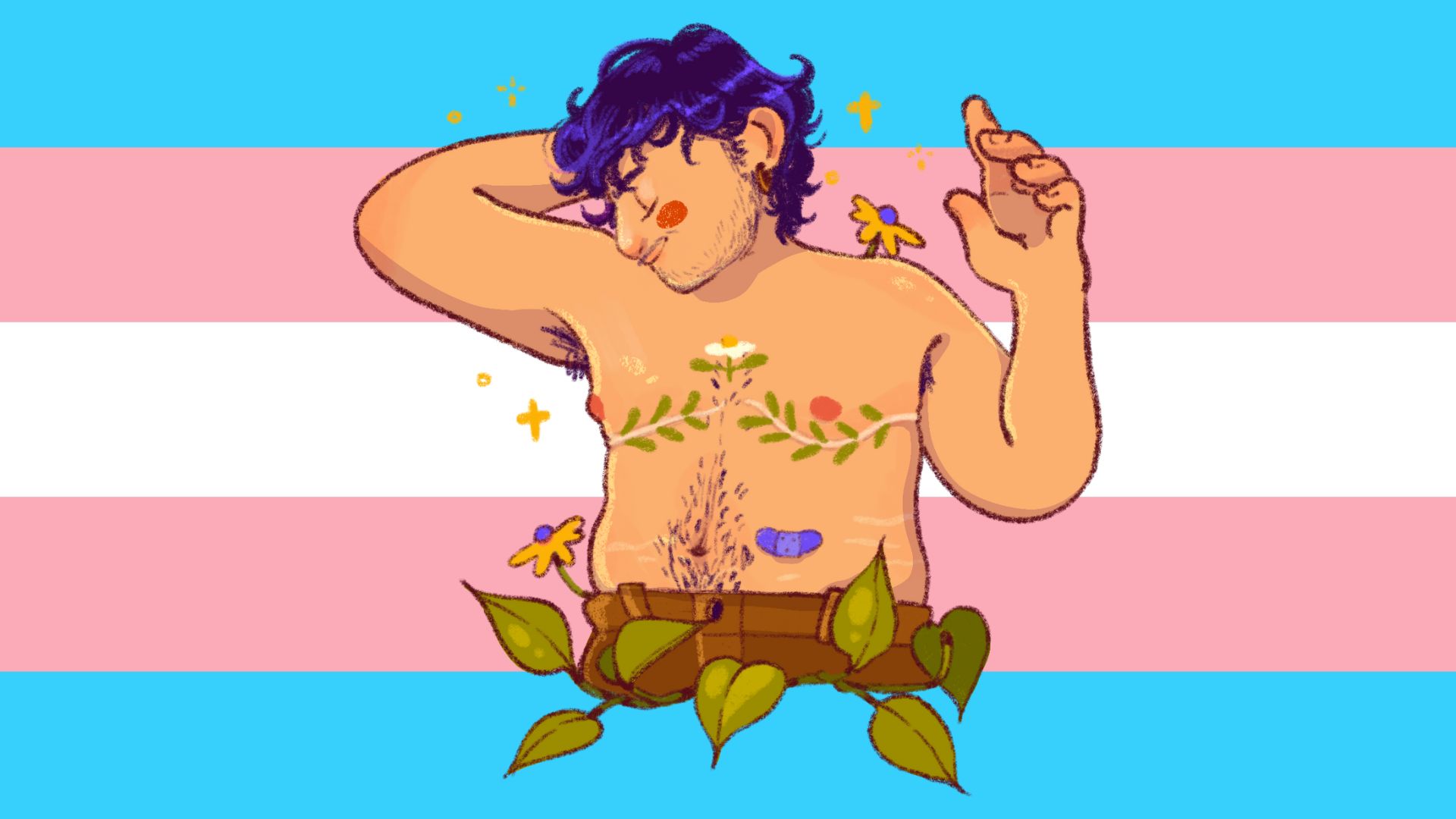 An image composed of a transgender flag background with a drawing of a pleased looking shirtless transmasculine person surrounded by leaves with visible top surgery scars.