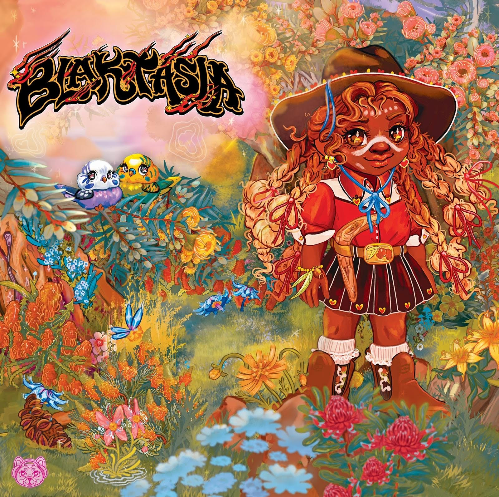 Blaktasia Game. Painted colourful background with game character and logo. 