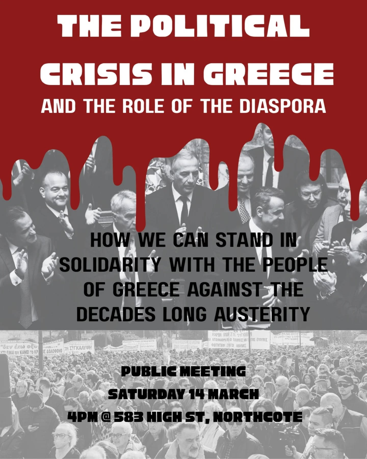 A flyer promoting the upcoming meeting at Democritus Workers League at Democritus House on 14 March at 4PM