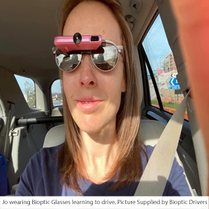 Jo wearing Biopic Glasses learning to drive