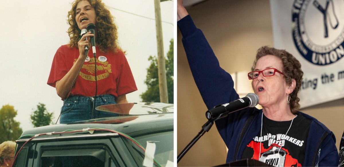 Left, on the Staley strike line in Decatur, Illinois, in 1995. Right, at the Labor Notes Conference in 2012. Photos: Dexter Arnold, Jim West (jimwestphoto.com)