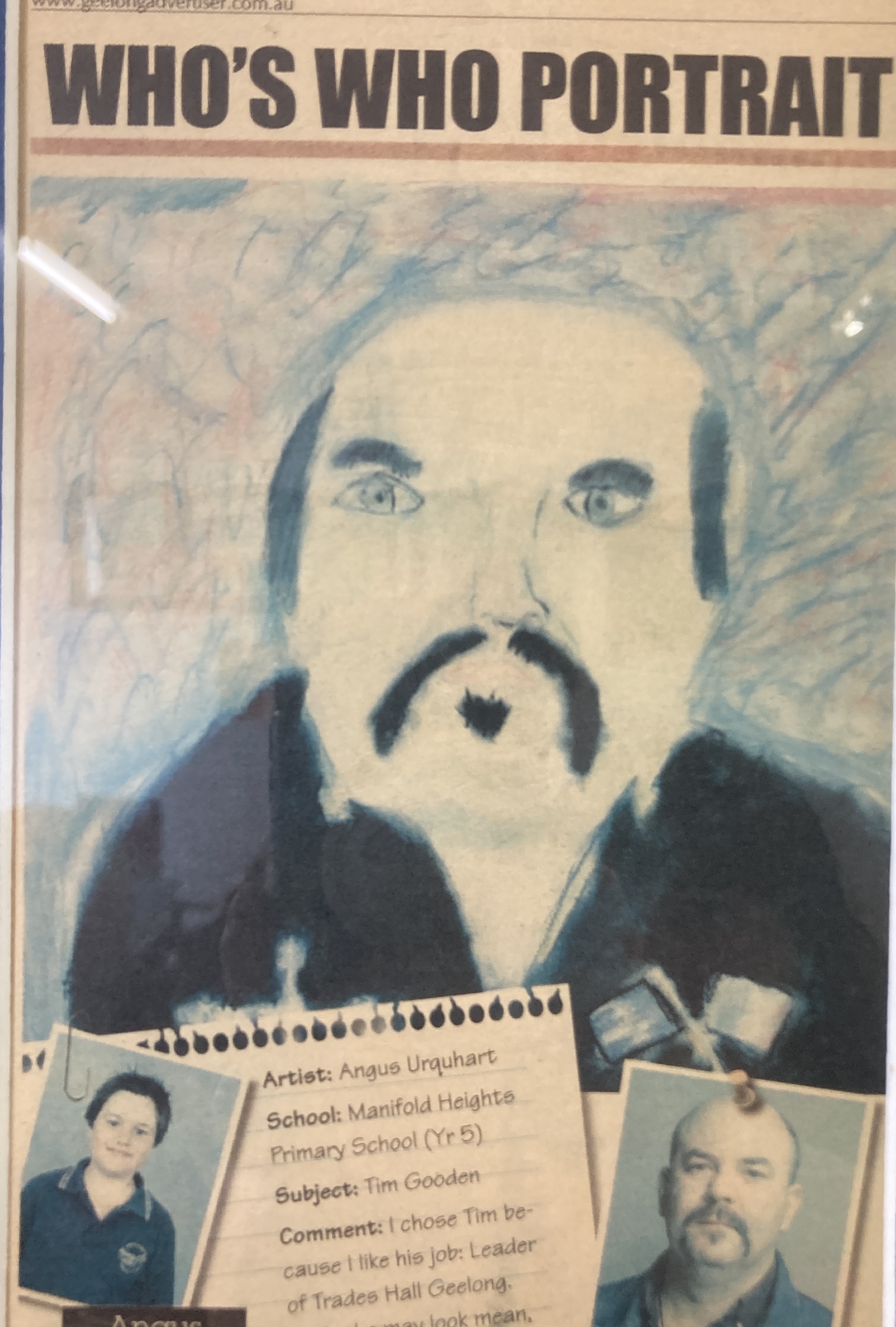 And adorable photo of a portrait by a child of Tim Gooden for Who's who competition in a local paper. Portrait is of Tim Gooden with a Eureka Stockade flag pin crossed with an Irish flag.