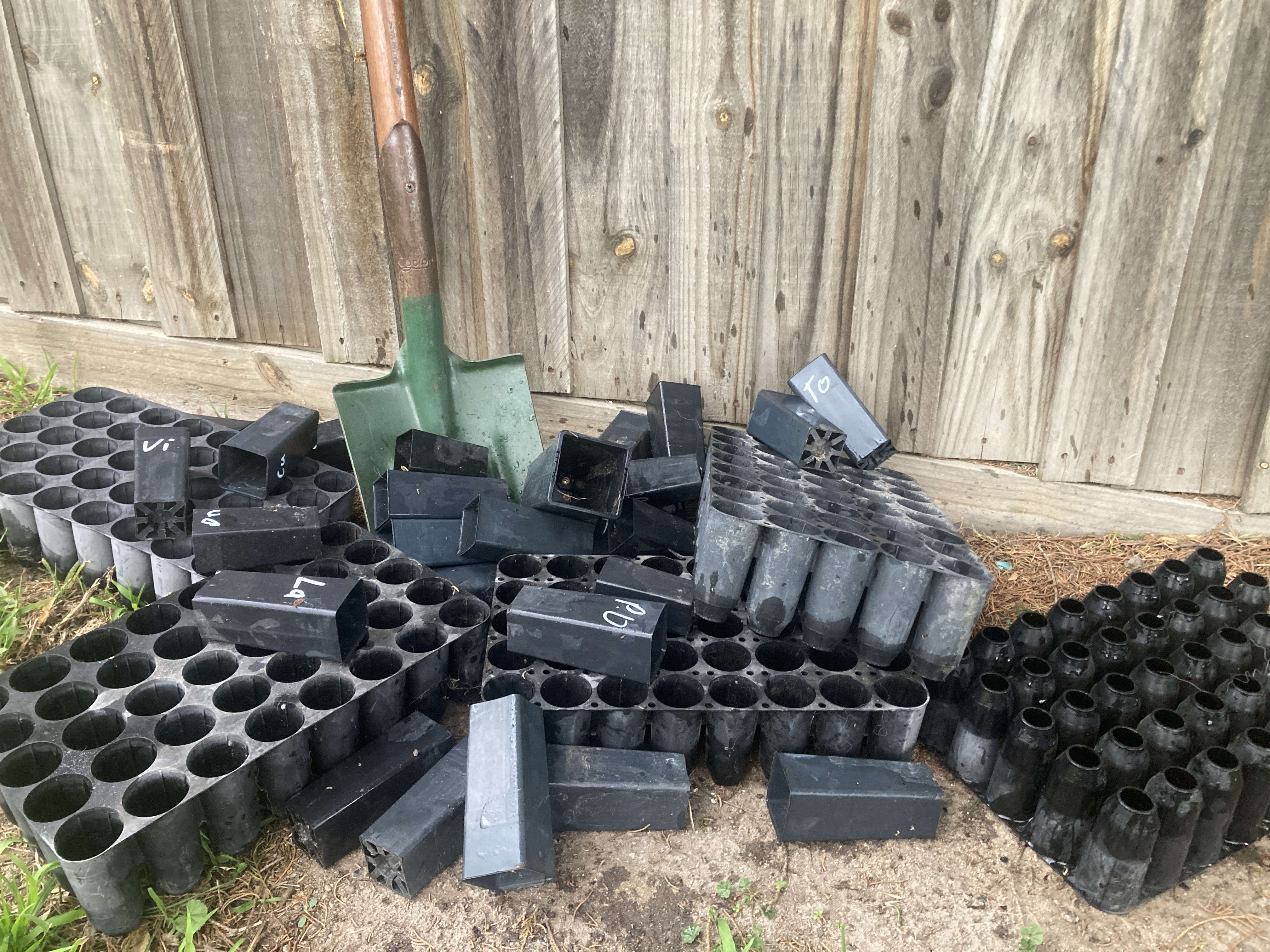 Shovel surrounded by black plastic pots. (Photo and staging by Amy, not a worksite photo).