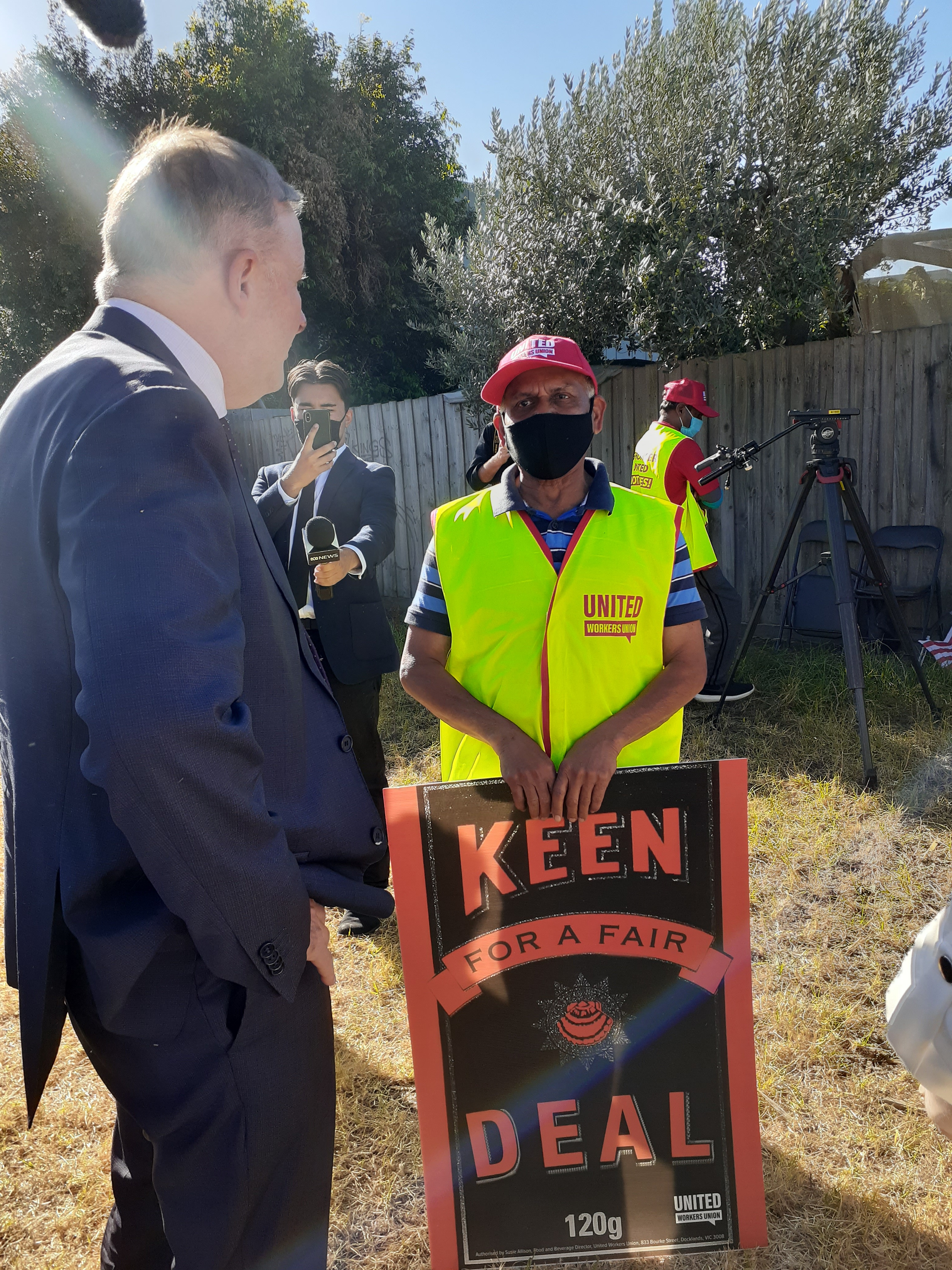 UWU member from McCormick's Picket with Anthony Albanese