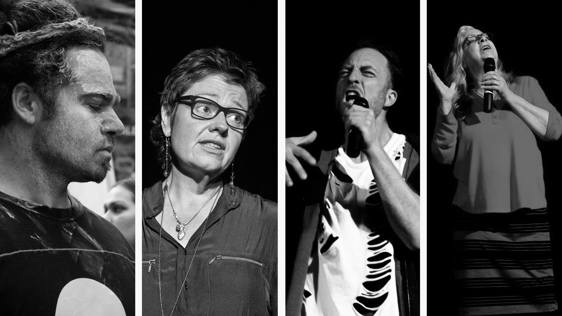 Montage: Neil Morris (musician), Kim Jeffs, Yoram Simons, Yvette Stubbs (poets)