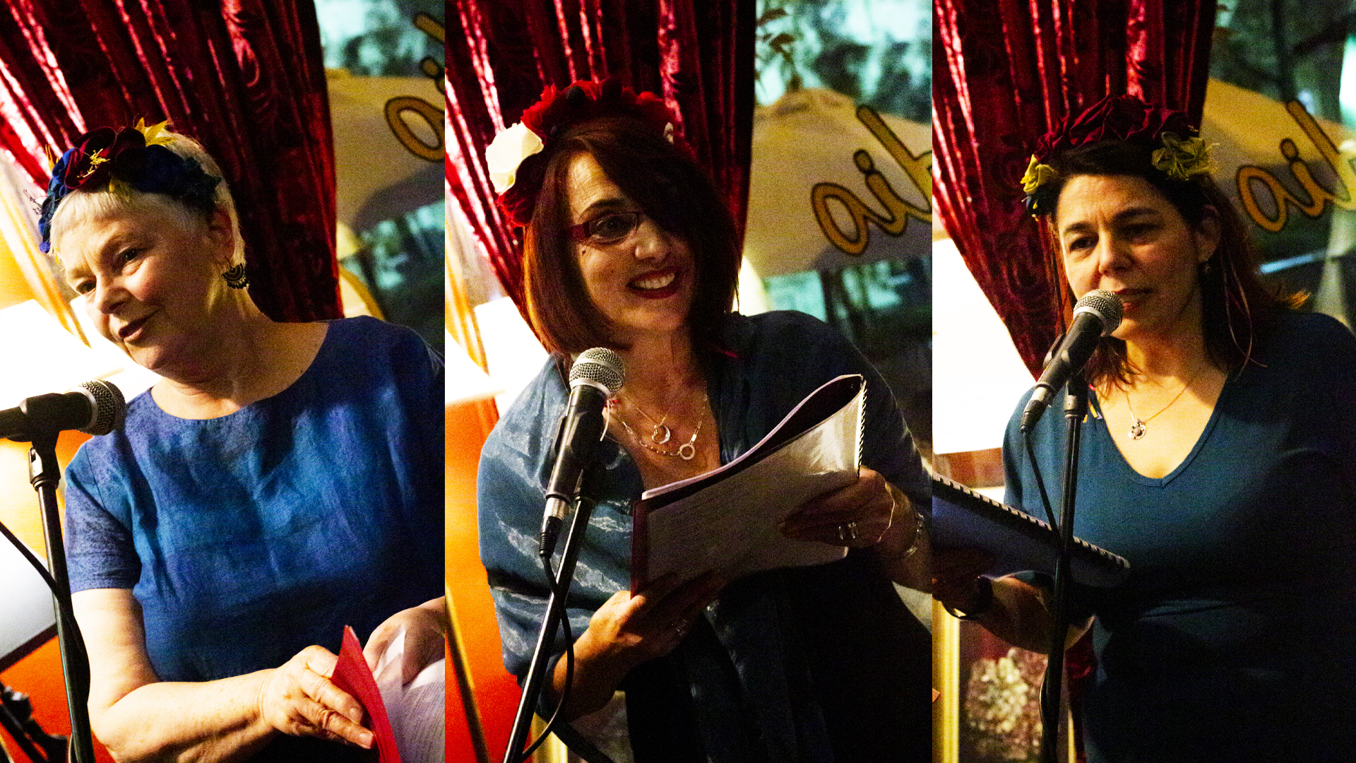 A photo montage of three adult women, standing behind microphones in mid-address. They are situated in a cafe, with the words "Open Studio" visible on the window behind.