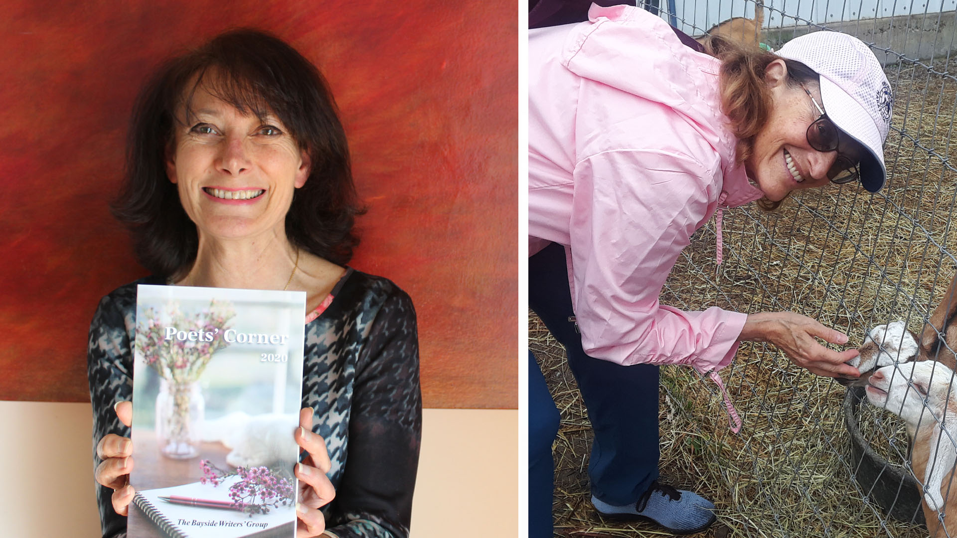 Two photographs presented side by side. On the left, a smiling woman with long brown hair holding a book entitled "Poets Corner". This is Rose Lumbaca Crane. On the right, a woman wearing a waterproof jacket and baseball cap, smiling towards the camera and bent down to feed two small goats through a wire fence. This is Bhikshuni Weisbrot.