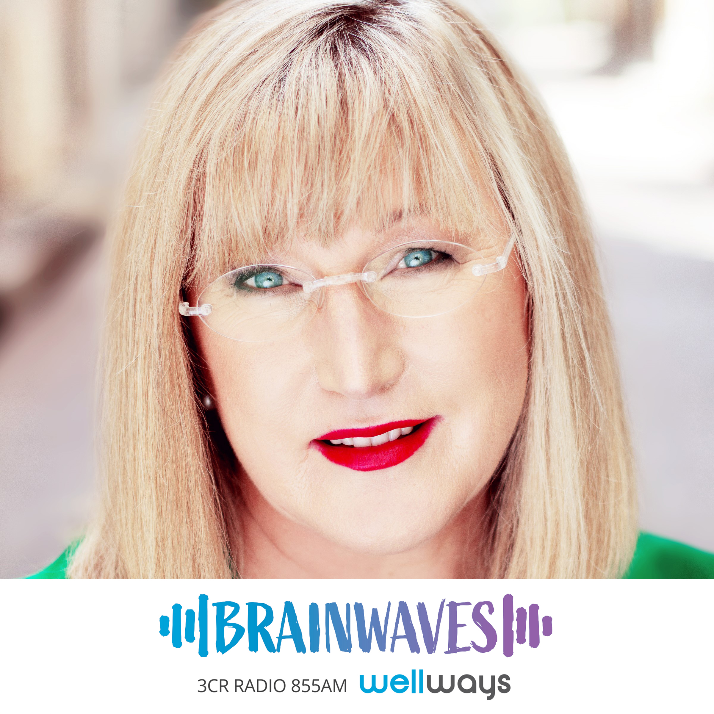 Donna Ciccia is a caucasian woman with shoulder length straight blonde hair, she is wear glasses and a green top, she smiles at the camera with red lipstick on. The Brainwaves logo is in blue and purple underneath Donna's headshot. She is on Brainwaves on 3CR 855am Melbourne to discuss Long Covid and Mental Health from a lived experience lens.