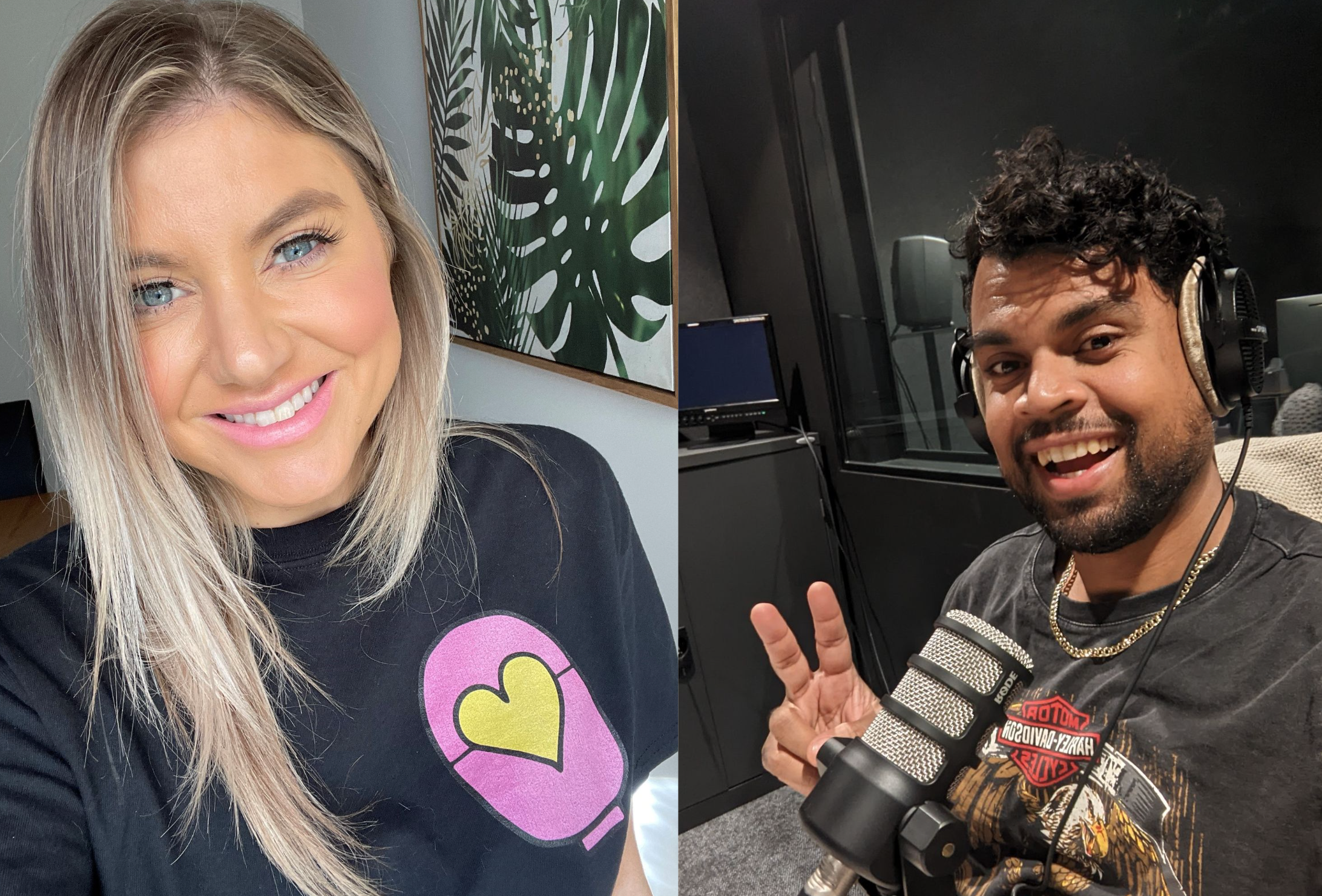 A caucasian woman with blonde hair smiling at the camera , her name is Sarah Starkey and a picture of a man of south east asian descent called Justan Singh smiling at the camera and pulling the peace symbol with his fingers