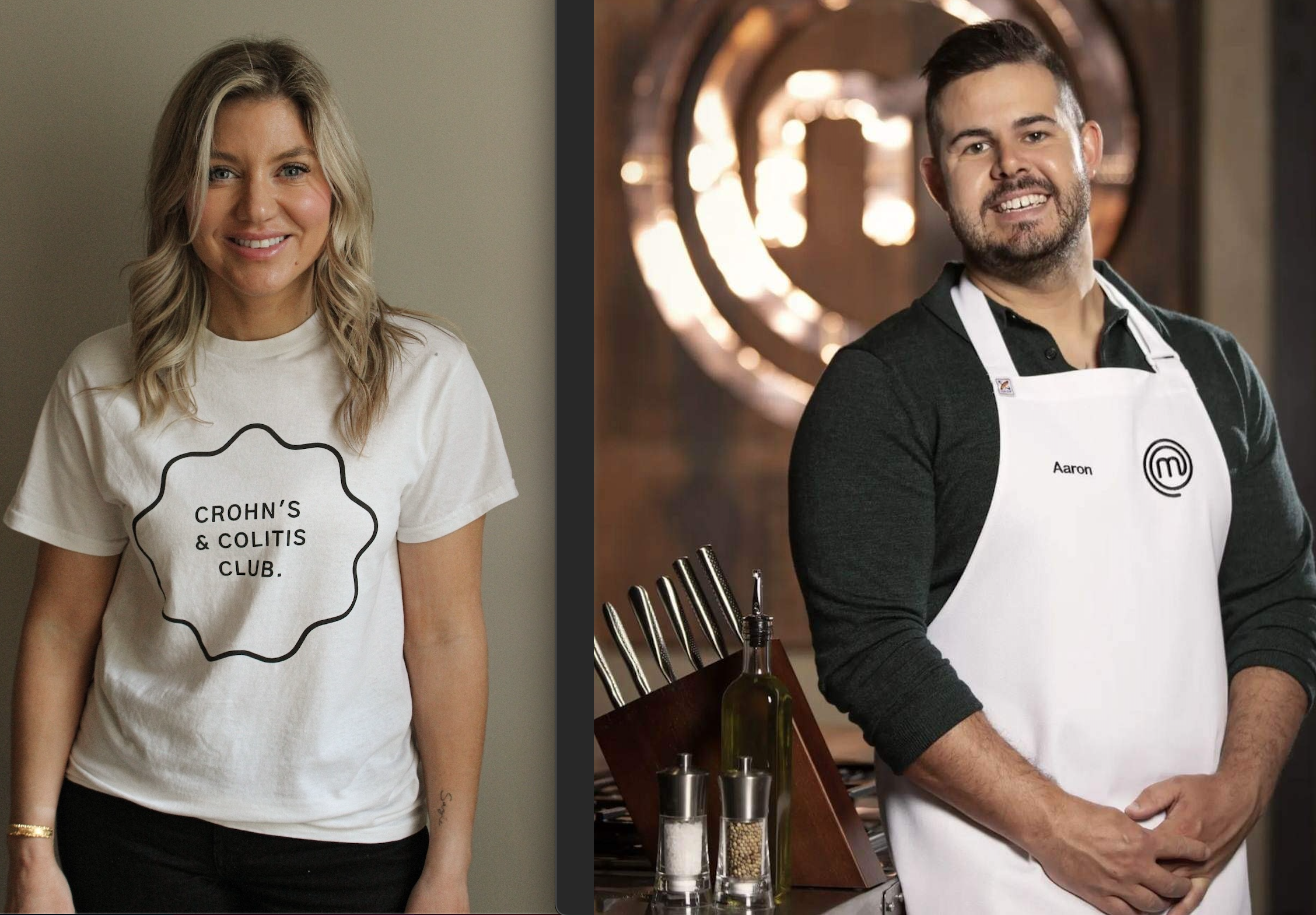 A caucasian woman with long blonde hair wearing a white shirt and black pants stands against a white wall, she is smiling, and a man stands next to her. He is caucasian and is wearing a white MasterChef Australia apron and a black long sleeved shirt, he has short brown hair and beard and is smiling.