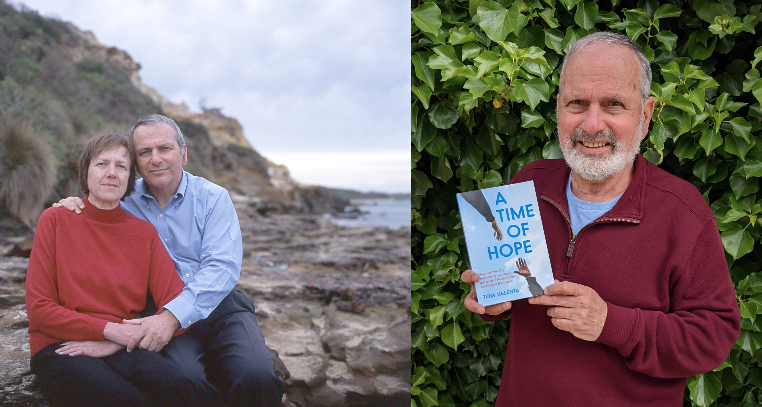 On the left is an image of a male and female wrapped in each others arms, outdoors near the beach, this is a picture of Tom and his wife Marie just after she had been diagnosed with early onset Alzheimer's. The picture on the right is of Tom holding a copy of one of the books he wrote after Marie passed away.