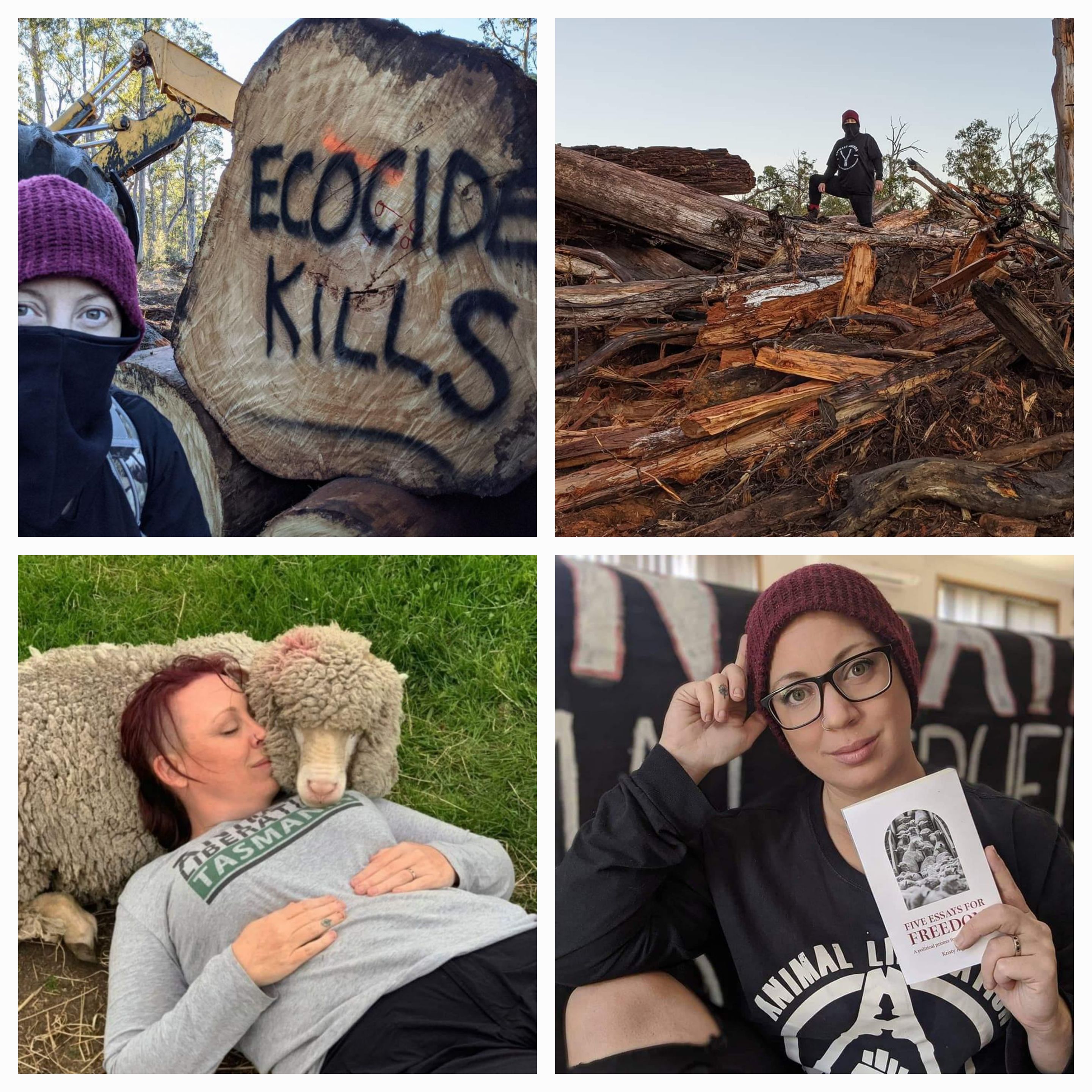 Photos of Kristy Alger at environmental protests, with a sheep and showing her book
