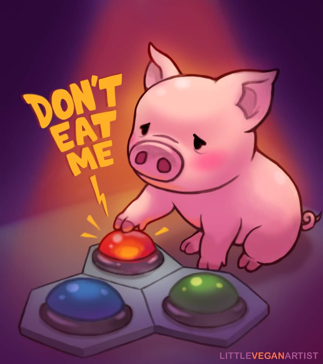 Picture of a cartoon pig pressing a talk button that says 'don't eat me'.