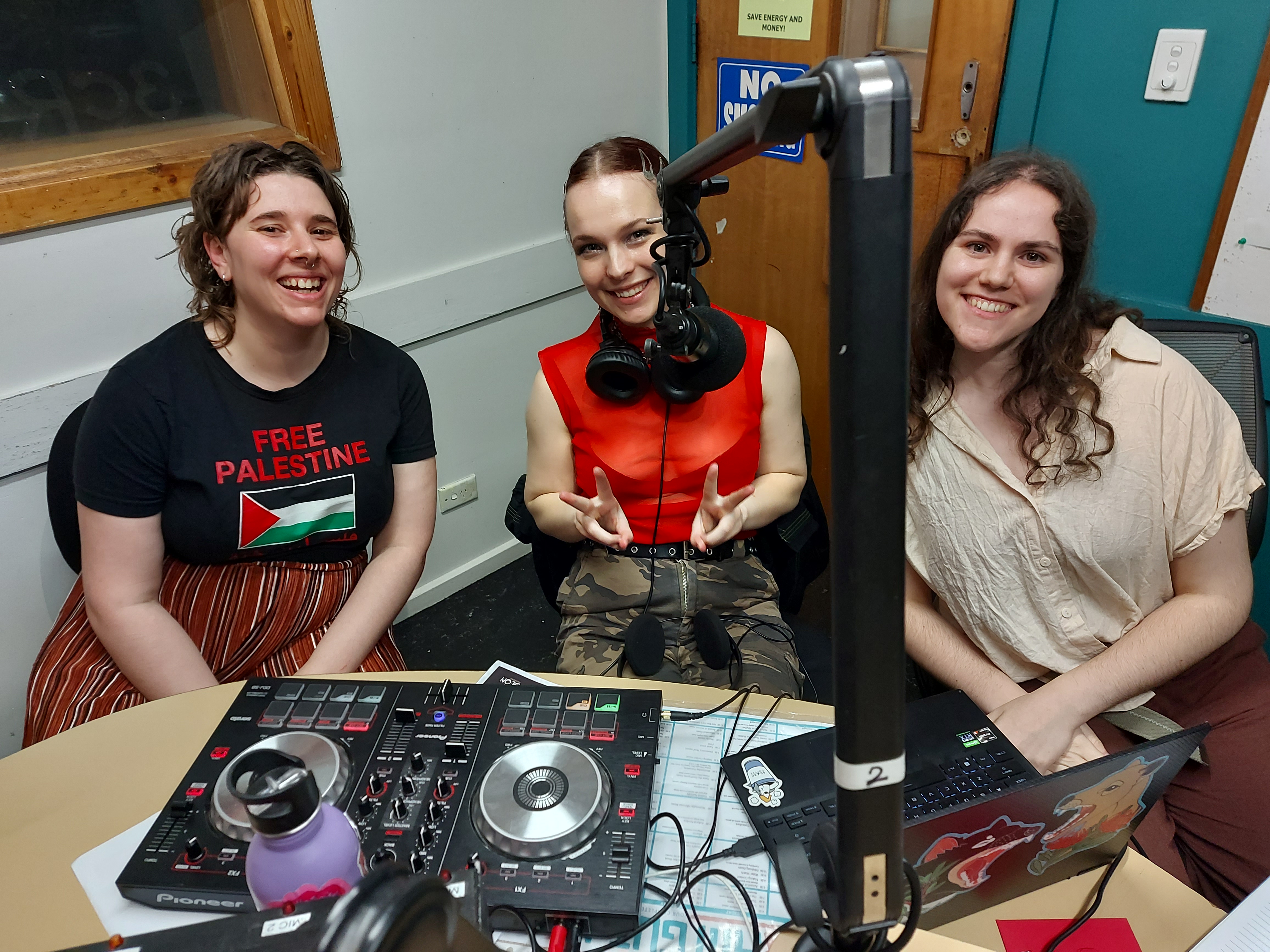 Photo of Lottie, Ruby and Claire in the 3CR studio