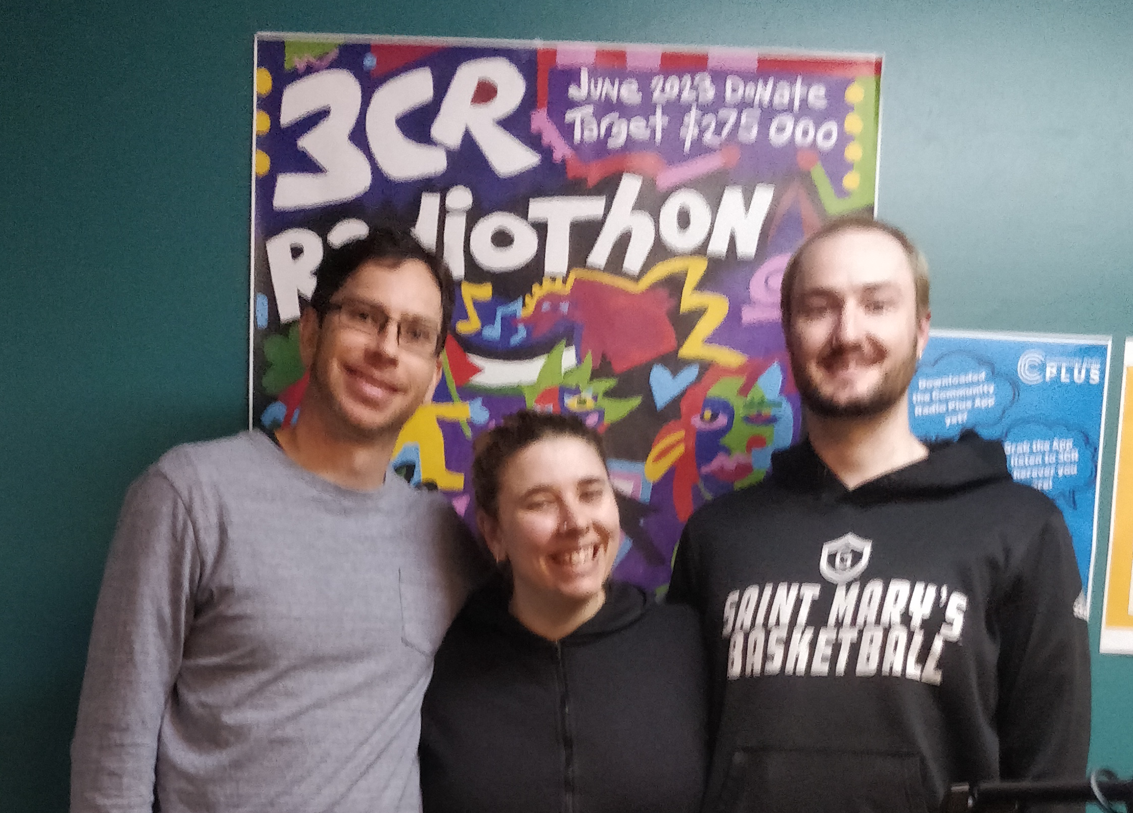 Photo of Nick, Lottie and Hayden in the 3CR studio