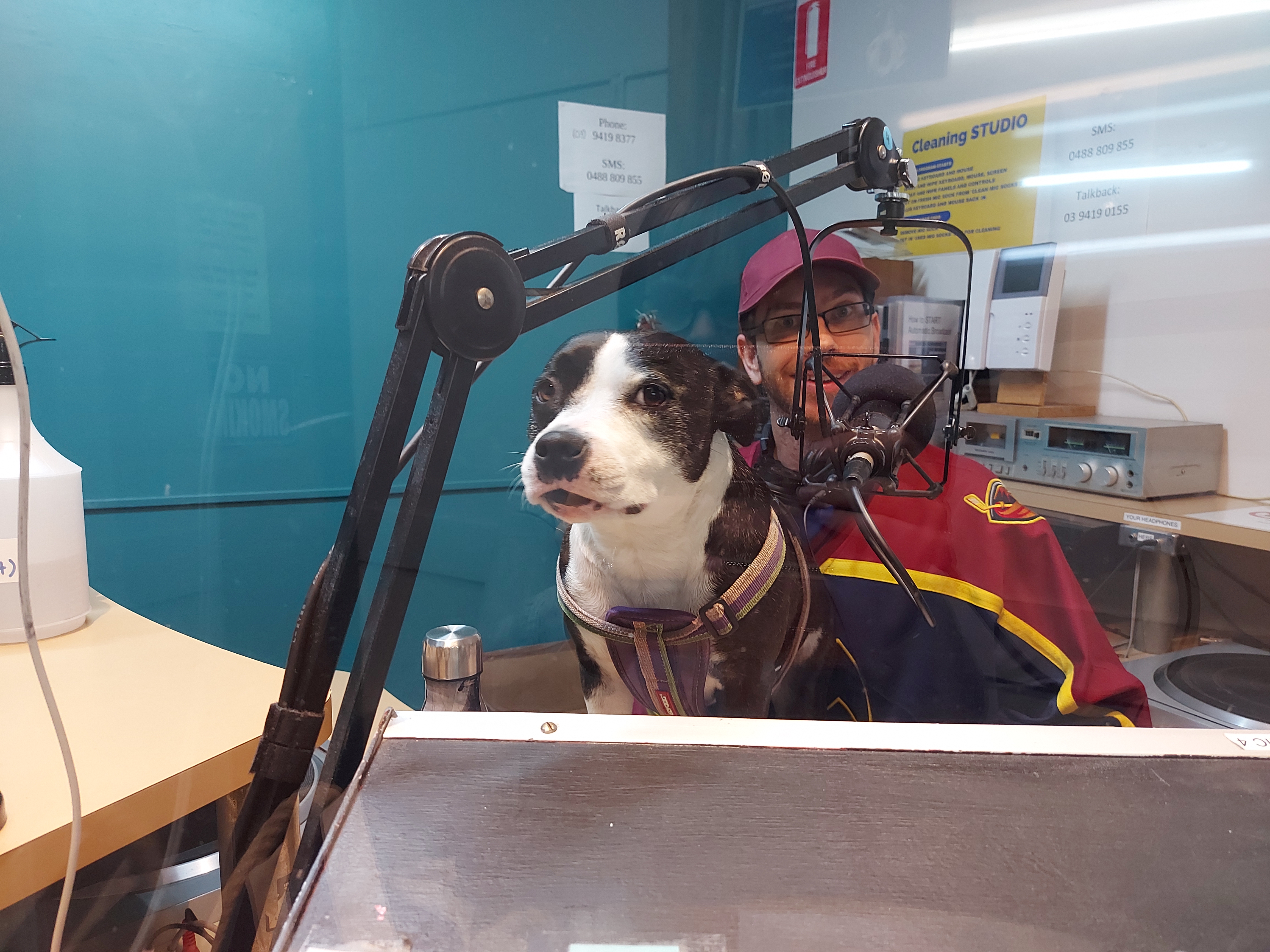 Photo of Nick and his dog Moo Moo in the 3CR studio