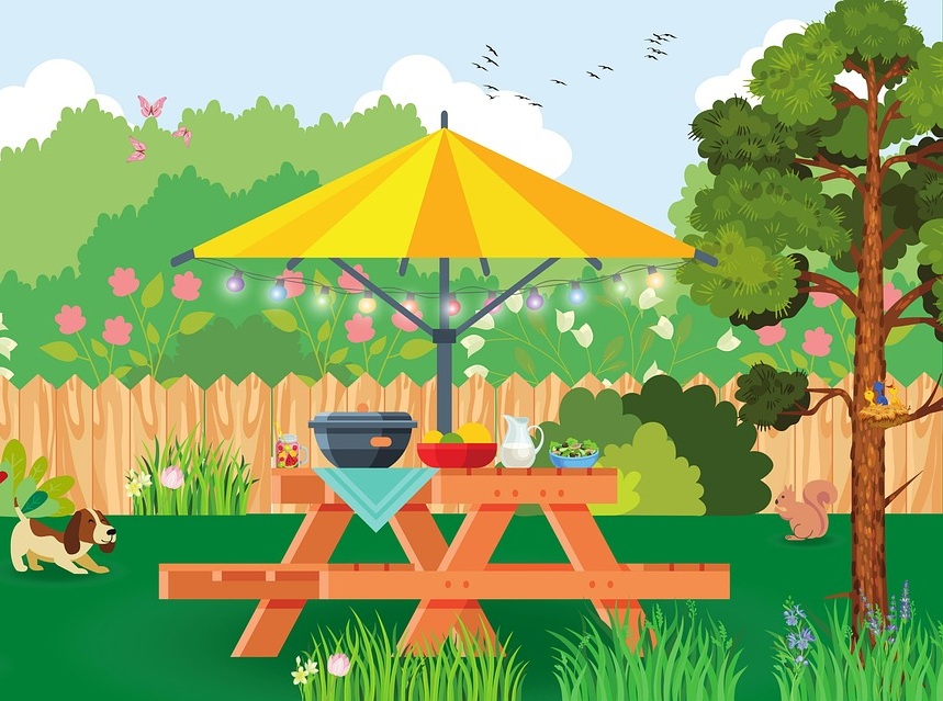 Picnic table with animals around