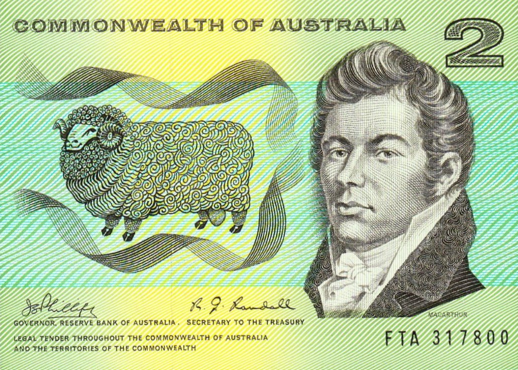 An Australian merino wool sheep and John MacArthur on the defunct Australian $2 note. By the Reserve Bank of Australia 1968 Public Domain.