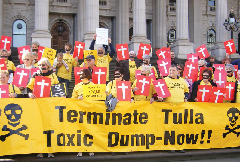 Residents impacted by the Tullamarine Toxic Waste Dump protest at Parliament House, Melbourne.