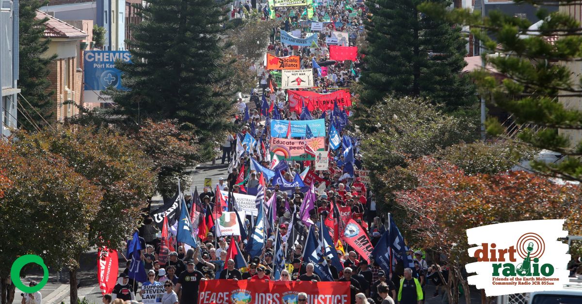 Large crowd with many banners walking through the tree lined streets of Port Kembla main street