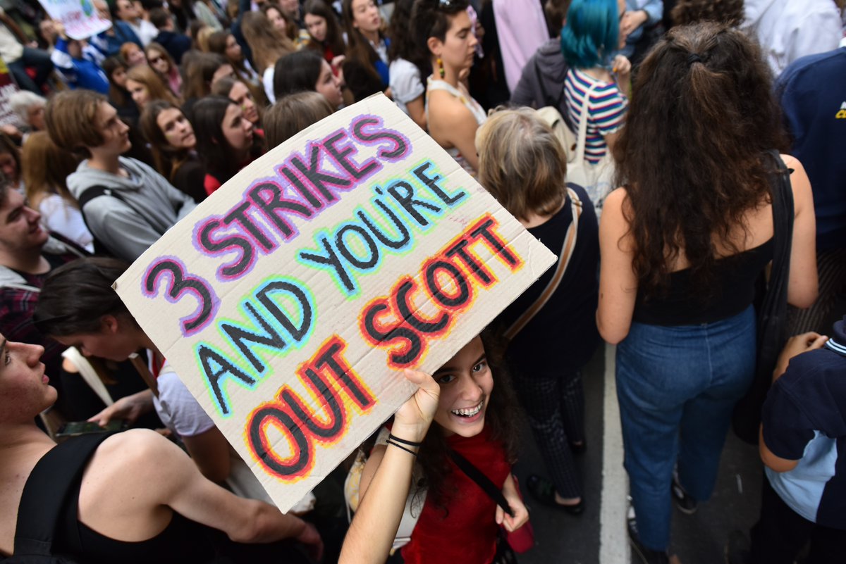 Climate Strike sign: 3 strikes and you're out Scott!