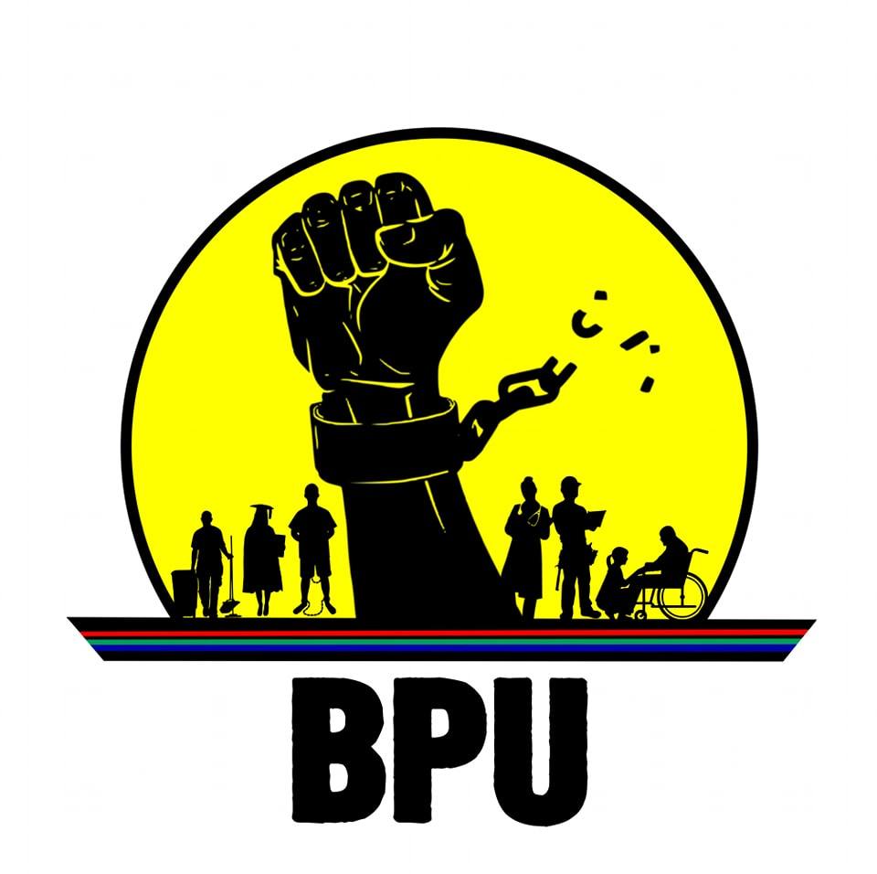 Logo of the Black Peoples Union:  The letters BPU underneath a a digital block-style illustration of a raised fist inside a large circle, bound by a metal cuff and a chain that is beaking off in pieces. The bottom of the circle depicts silhouettes of people in the distance; to the left is a cleaner, university graduate and prisoner, and on the right there is a doctor, a construction worker, and someone crouching before a figure in a wheelchair. 