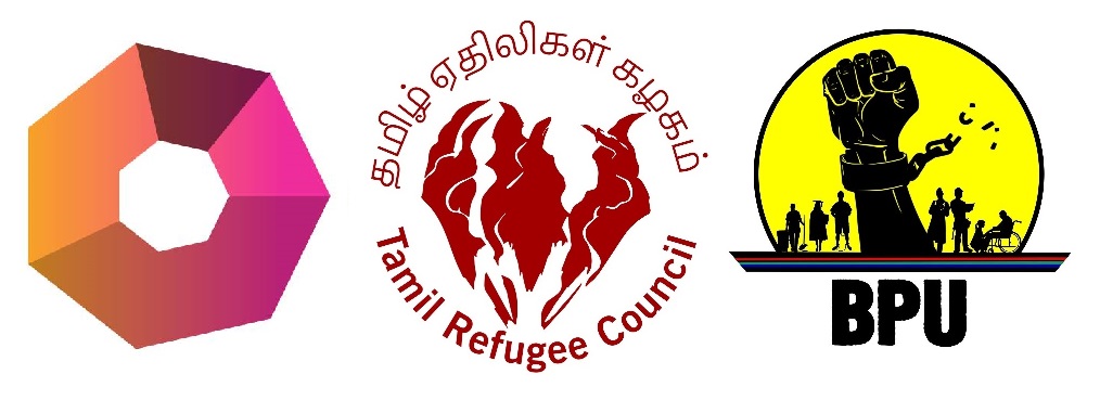 Three round logos in a row on a white background: Inner Melbourne Community Legal (coloured quadrilaterals forming a heptagon), Tamil Refugee Council (the name of the organisation in English and Tamil language around an illustrated silhouette of their national flower - a lily with long petals that have wavy edges), and Black Peoples Union (illustration of a raised shackled fist with breaking chains and silhouettes of various professions in the background, inside a large bright circle)