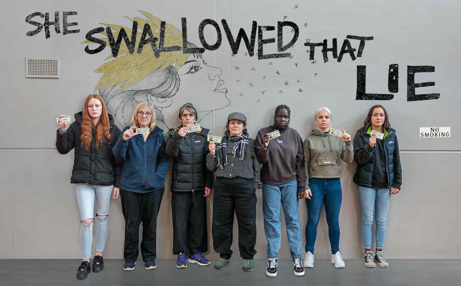 Poster for She Swallowed that Lie: a new theatre production created and performed in collaboration with women who have lived prison experience, and marginalised young people from regional Victoria.