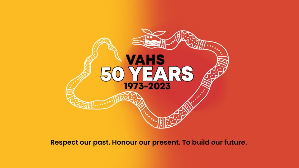 A digital line and dot drawing of a snake encircling test reading "VAHS, 50 YEARS, 1973-2023", with text underneath which says "Respect our past. Honour our present. To build our future