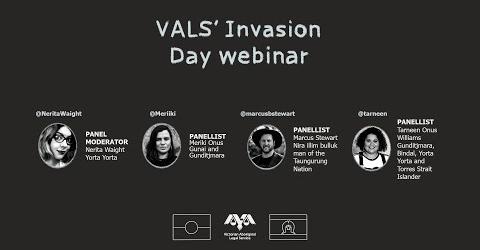 Poster for VALS Invasion Day webinar featuring speakers' photos and titles
