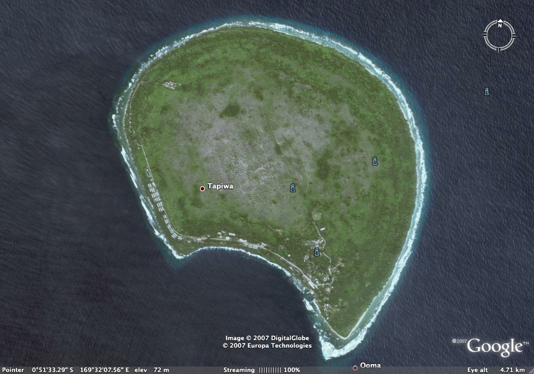 A Google Earth satellite photo of the island of Banaba.