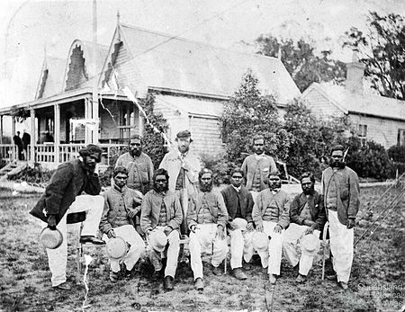 The Aboriginal cricket team pictured with their captain and coach Tom Wills at the Melbourne Cricket Ground, December 1866