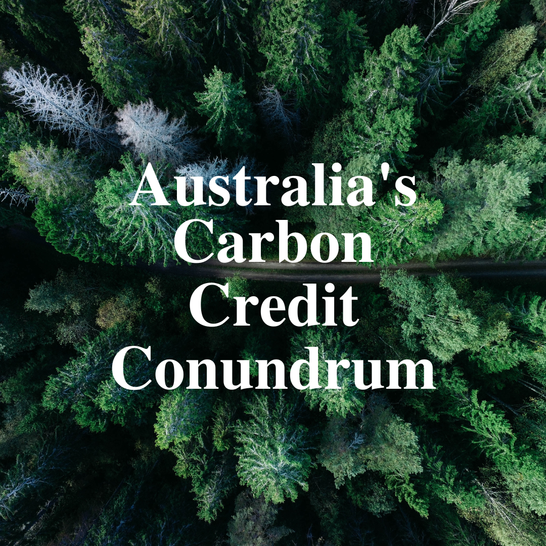 Green trees with text "Australia's Carbon Credits Conundrum" over the top
