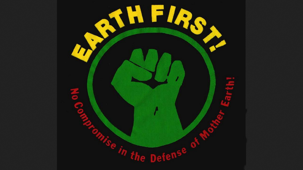 "Earth First!" Logo with raised green power fist in a circle