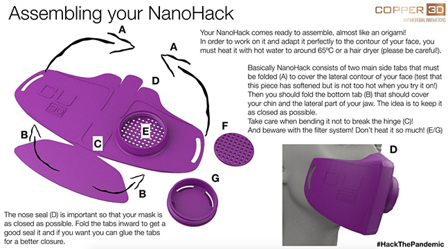 instruction pamphlet for a 3D printable face mask nano-hack from Chilean tech company Copper 3D 