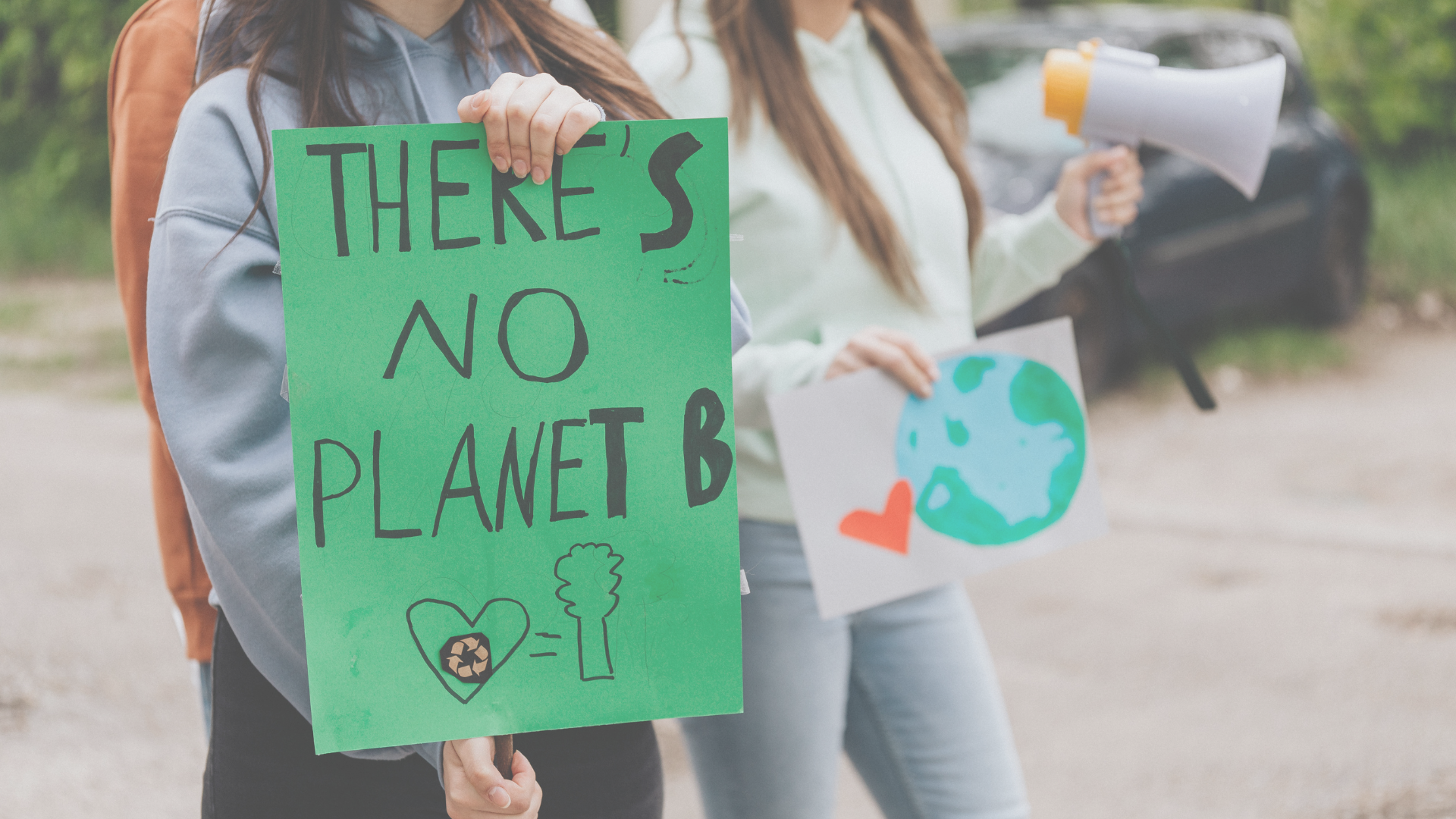 Image of a young person holding a green protect placard that reads 'There's no Planet B'