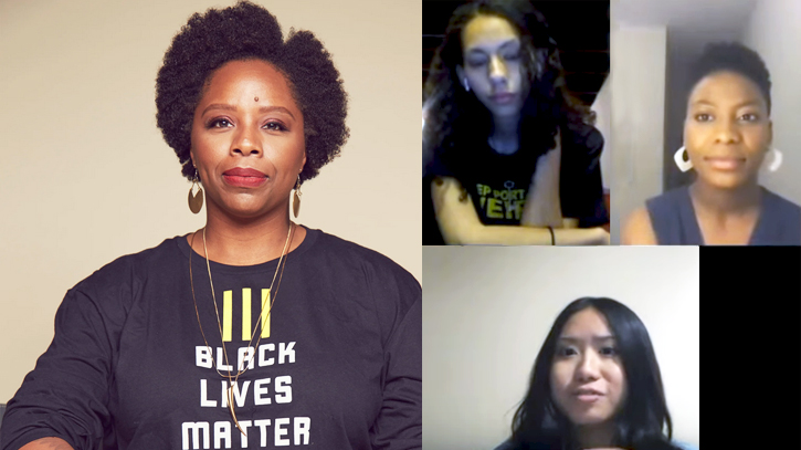 shows a profil pic of Patrisse Cullors wearing a shirt that says "Black Lives Matter"; and a screen grab from the virtual panel showing 3 separate screens in one with Fiona Jarvis & Cynthia Leung and Krissy Oliver-Mays participating in panel