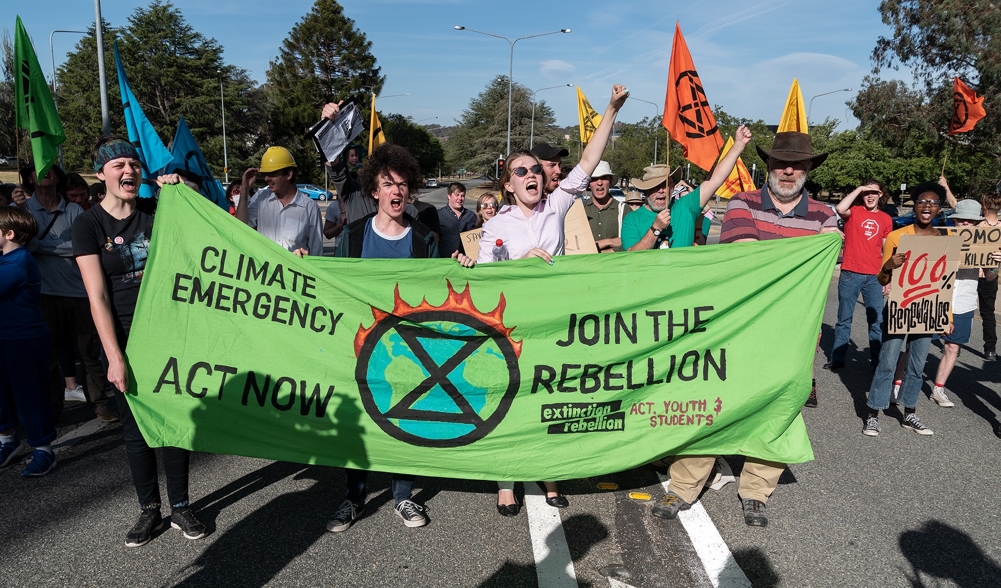 Extinction Rebellion ACT students and others block roads from Parliament House, Canberra