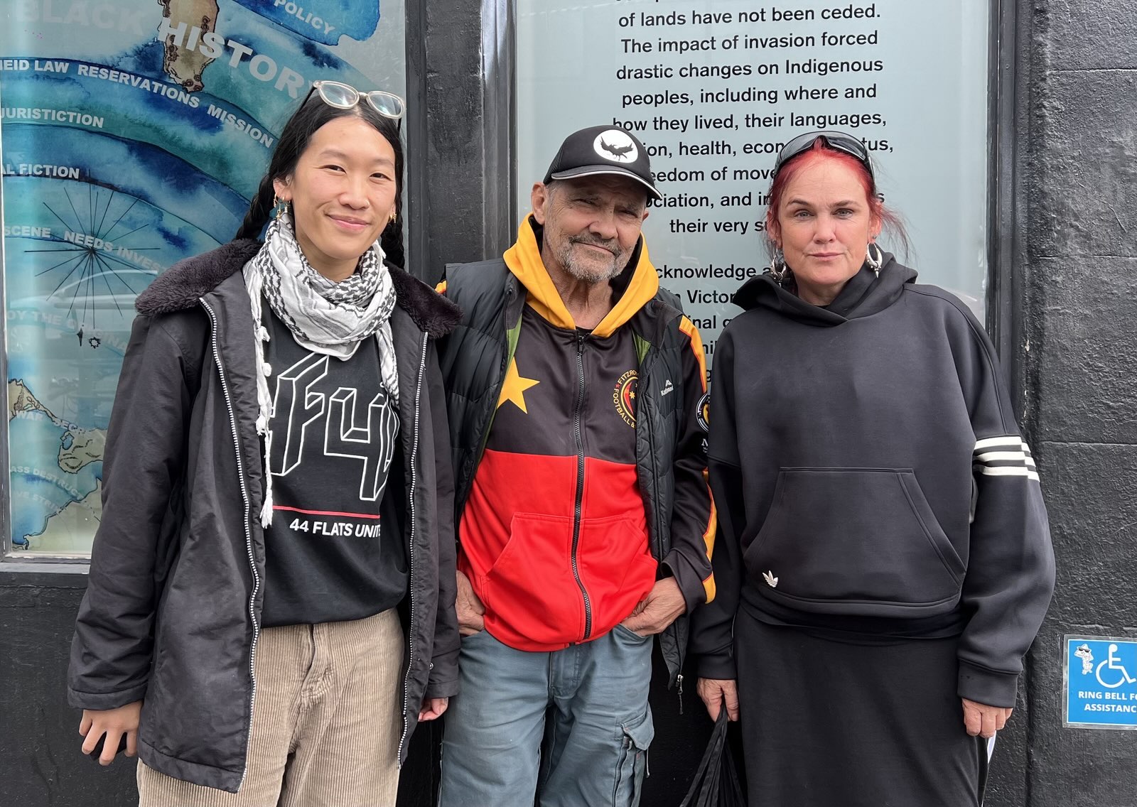 (left to right) R-Coo, Djuran Bunjileenee Robbie Thorpe, and Meg from Homeless Peoples Union Victoria