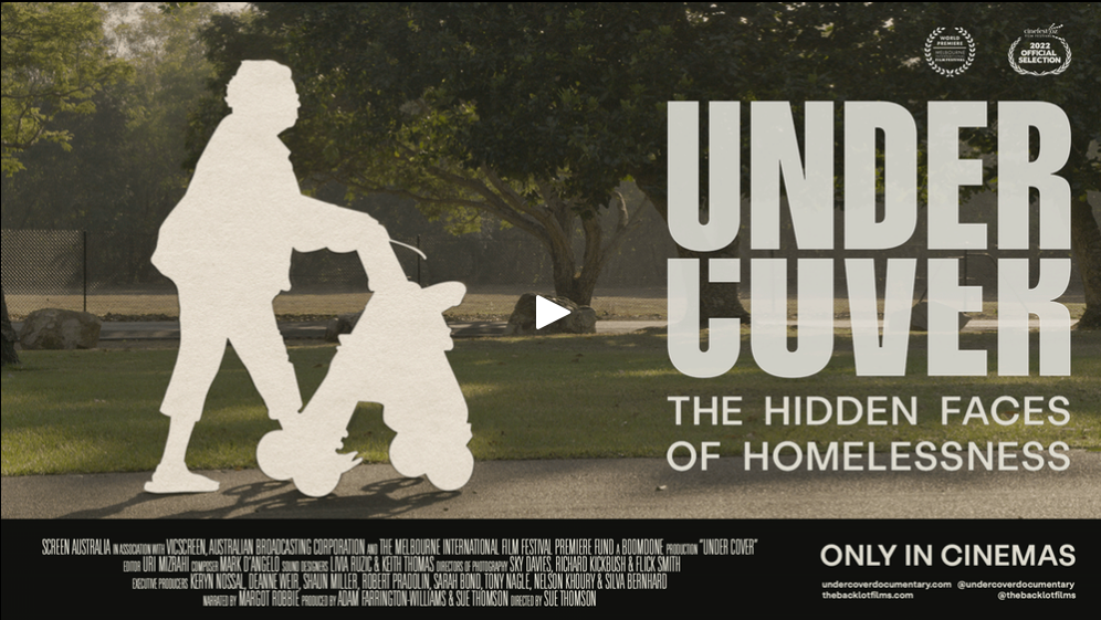Promo image for a documentary movie called Undercover showing the silhouette of a woman pushing a walker through a park