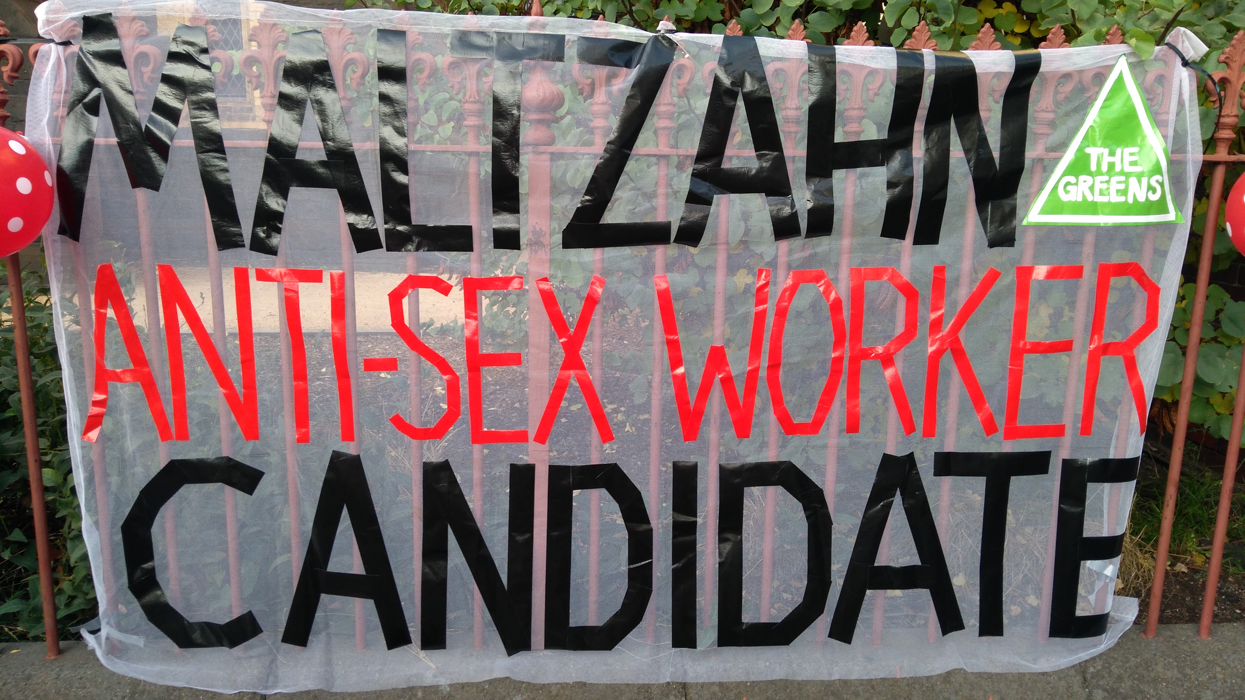 Banner reading Maltzahn 'Anti Sex Worker Candidate'