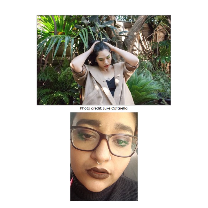 Yi-Lynn in front of palms with her hands behind her head, photo by Luke Cafarella on top of picture and on bottom half is Up close photo of Lilahk's face with impeccable makeup and wearing a sweater