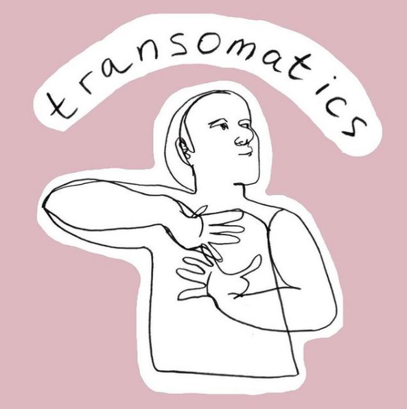 a line cartoon drawing of a person's torso with hands on their chest. above them is the word transomatics