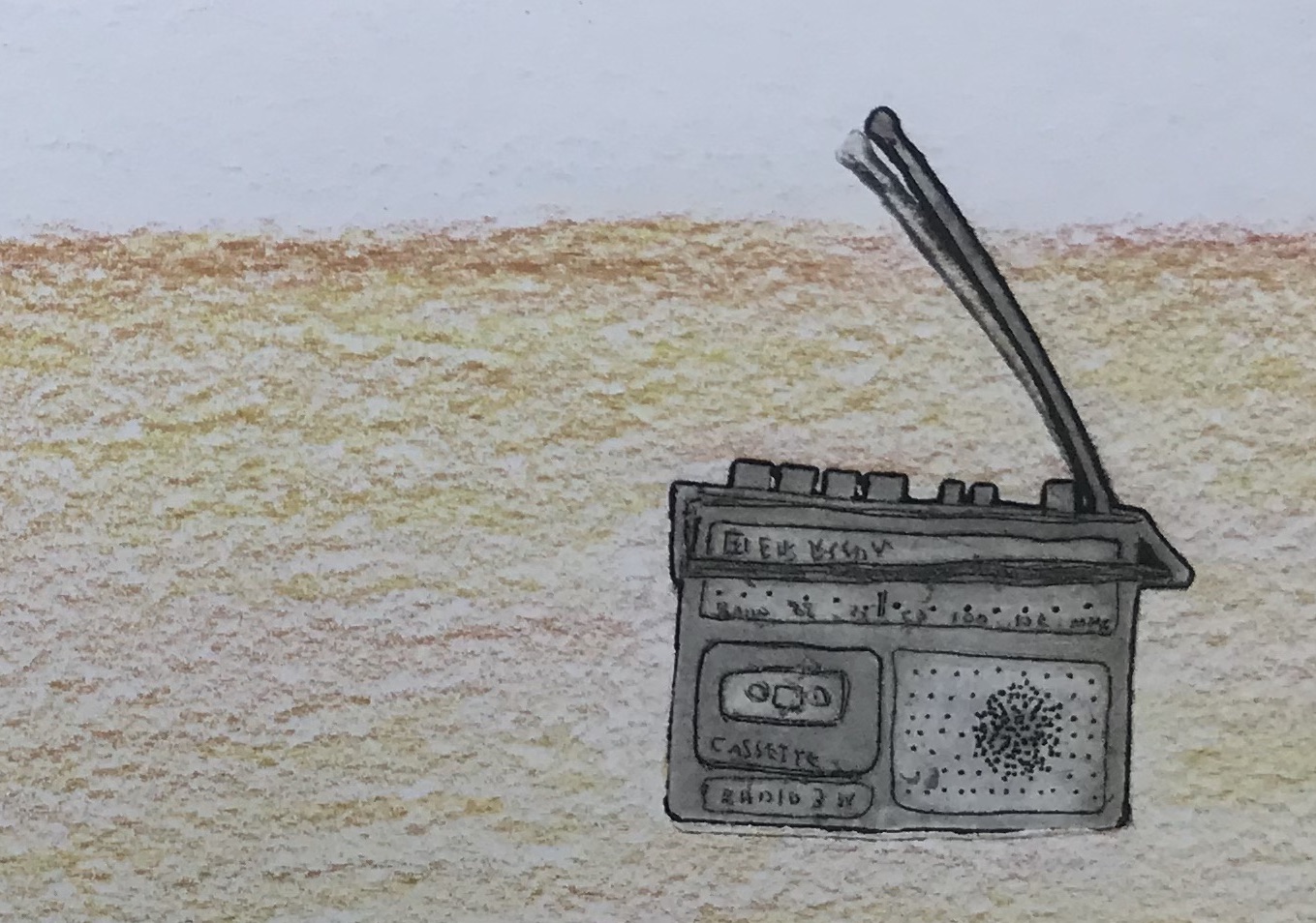 A print of 1980s radio with a tape deck and it's aerial sticking up, sitting on red earth.