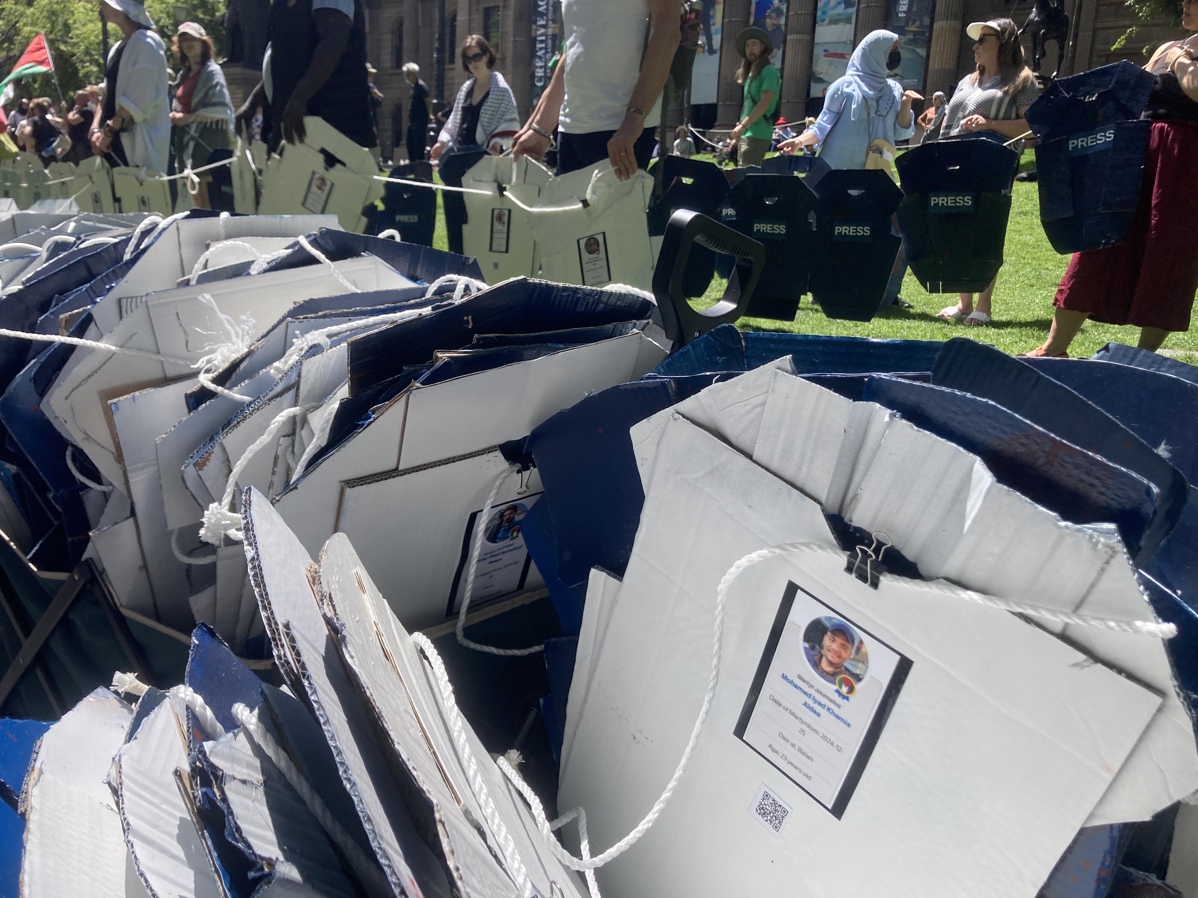 Press vests at Naarm rally for Palestine representing the more that 245 journalists in Gaza that Israel has murdered.