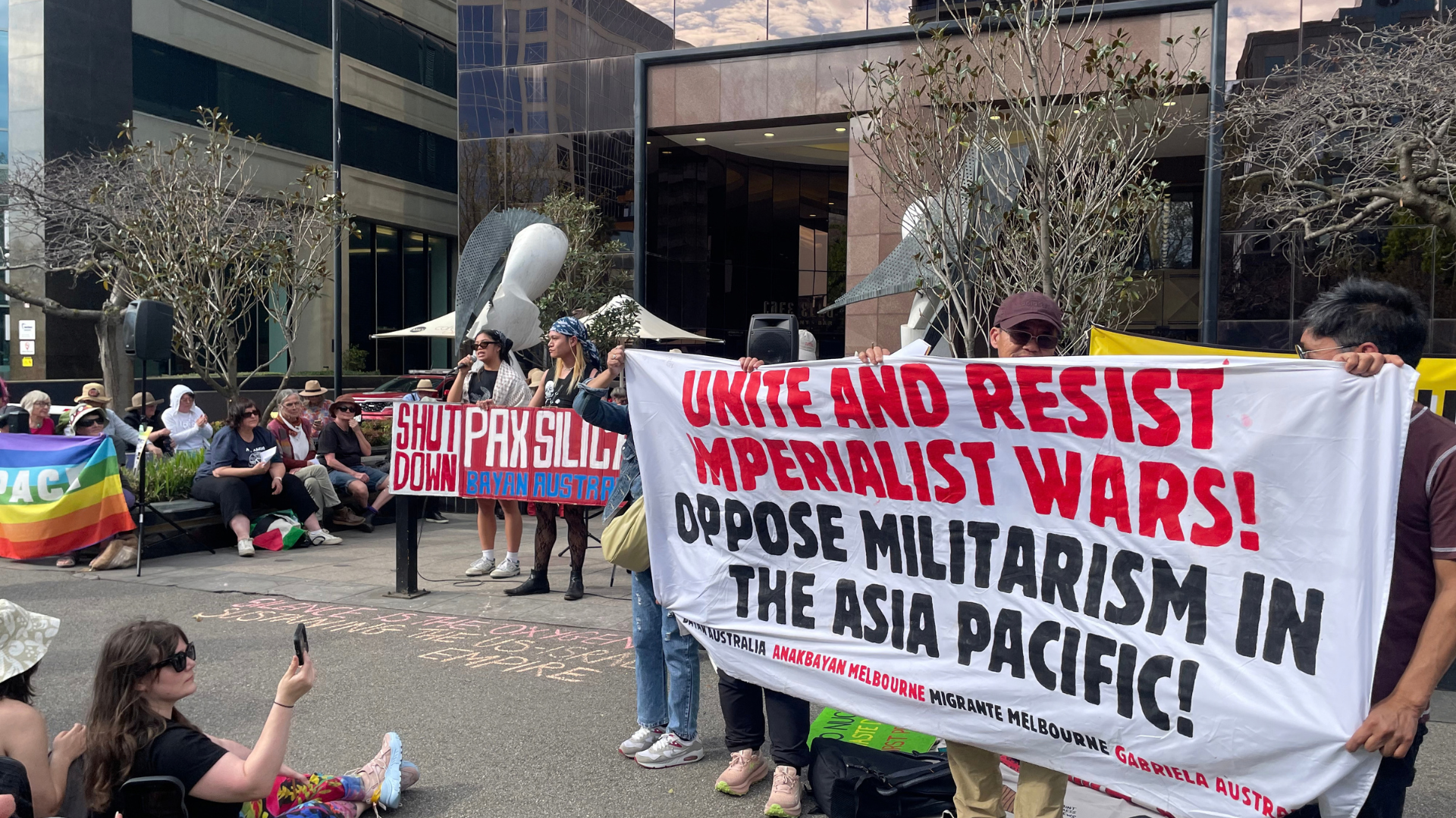 Bayan Australia outside the US Embassy & Consulate for the International Peace Day Rally Against AUKUS on 20 September, 2026.