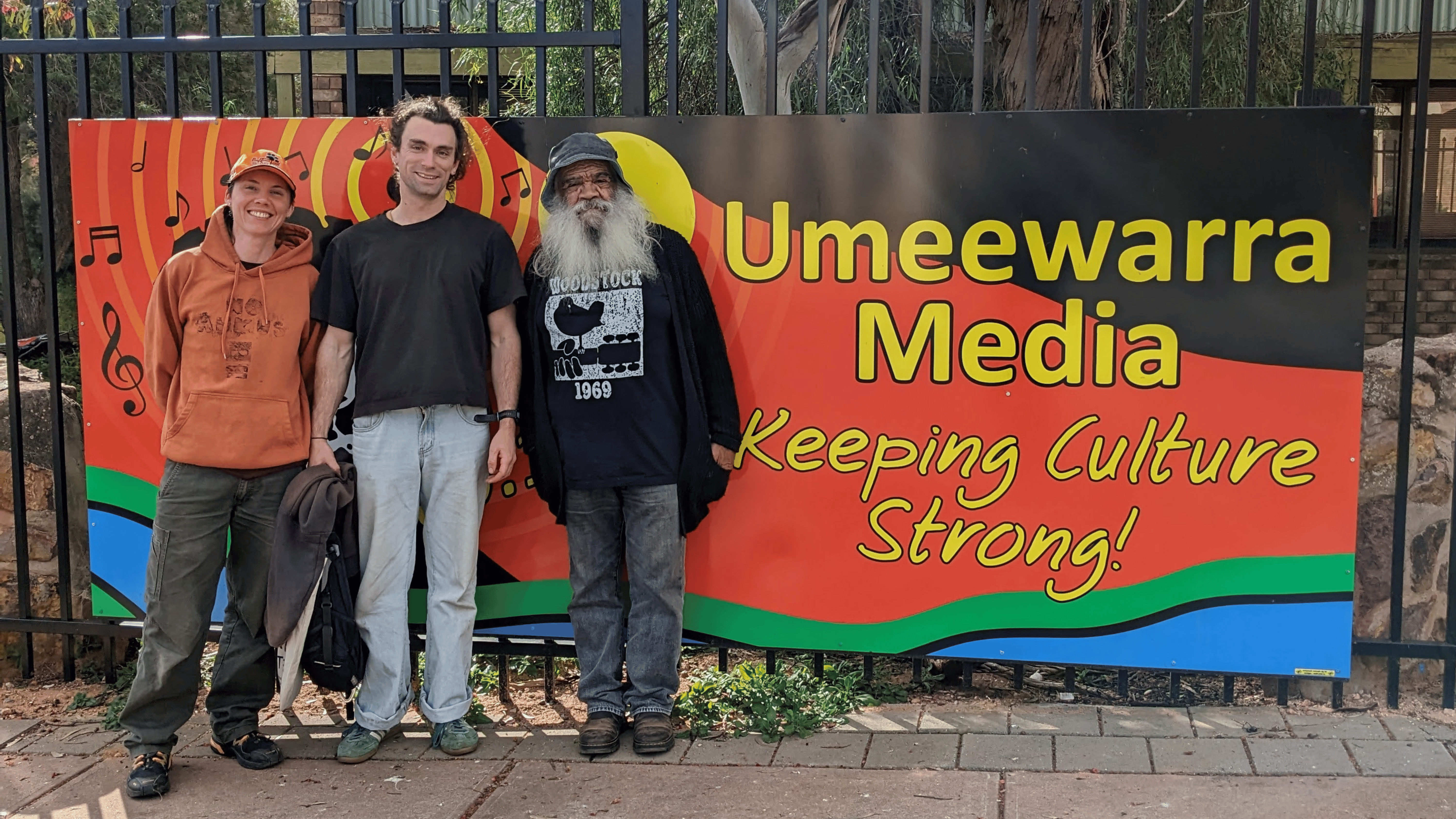 Peace Walkers Against AUKUS Reed and Max with Uncle Harry Dare at Umeewarra Media in Port Augusta.