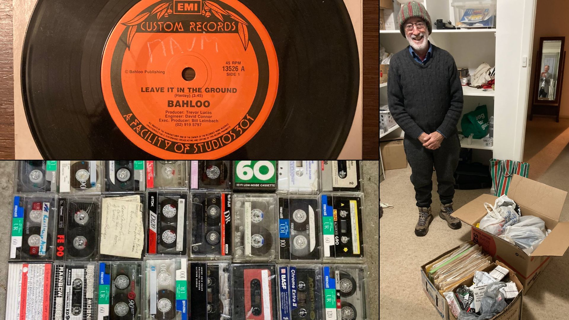 The original 45" with 'Leave it in the Ground' the theme song for the Radioactive Show across many years, some of the archives on cassette, producer for 18 years Eric Miller handing over boxes and bags of archive material.