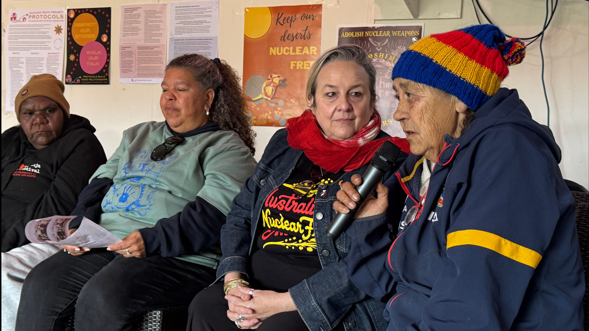 Irene, Karina, Dimity and Sue speaking on the Nuclear Weapons and Survivors session at the Australian Nuclear Free Alliance meeting.  Photo by Cath Keaney.
