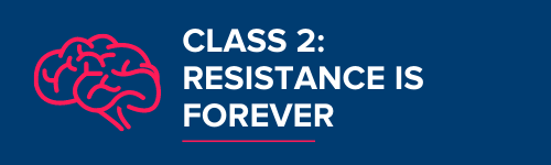 stylised brain in pink, with text Class 2: Resistance is forever
